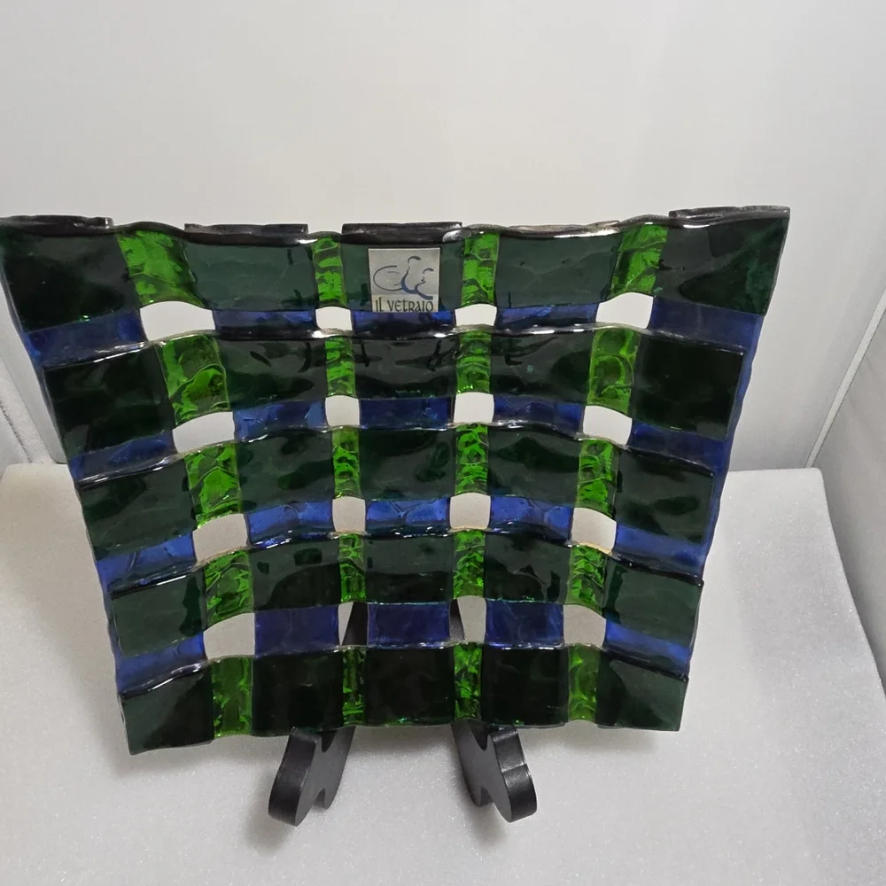 Il Vetraio Italy Fused Art Glass Plate Bowl 7.5” Green Blue Checkered (OT)